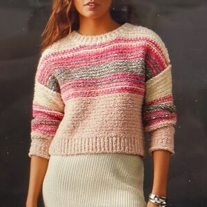 Anthropologie Pilcro Crewneck Pullover Sweater Pink Wool Stripe Chunky Knit